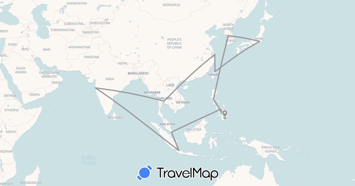TravelMap itinerary: driving, plane in China, Indonesia, India, Japan, South Korea, Philippines, Singapore, Thailand, Taiwan (Asia)